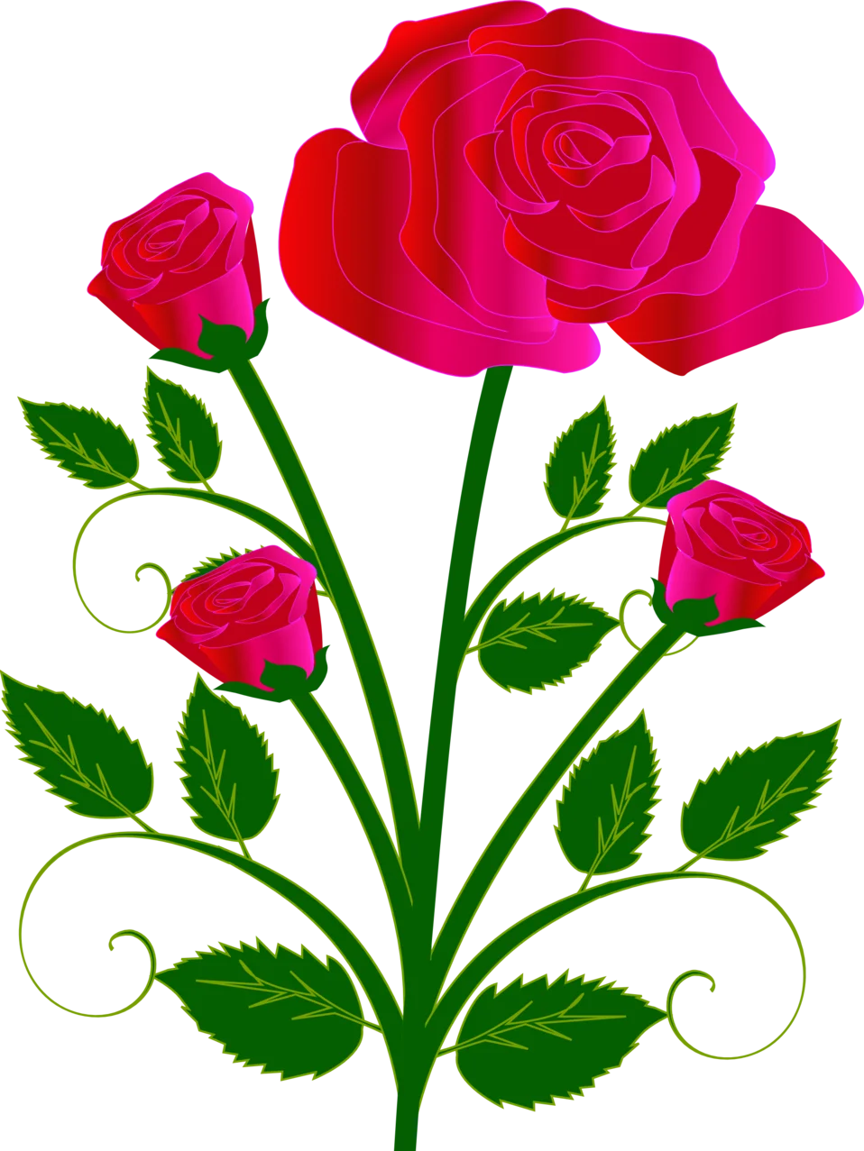 Elegant Crimson and Pink Rose Bouquet Clipart Design with Verdant Leaves