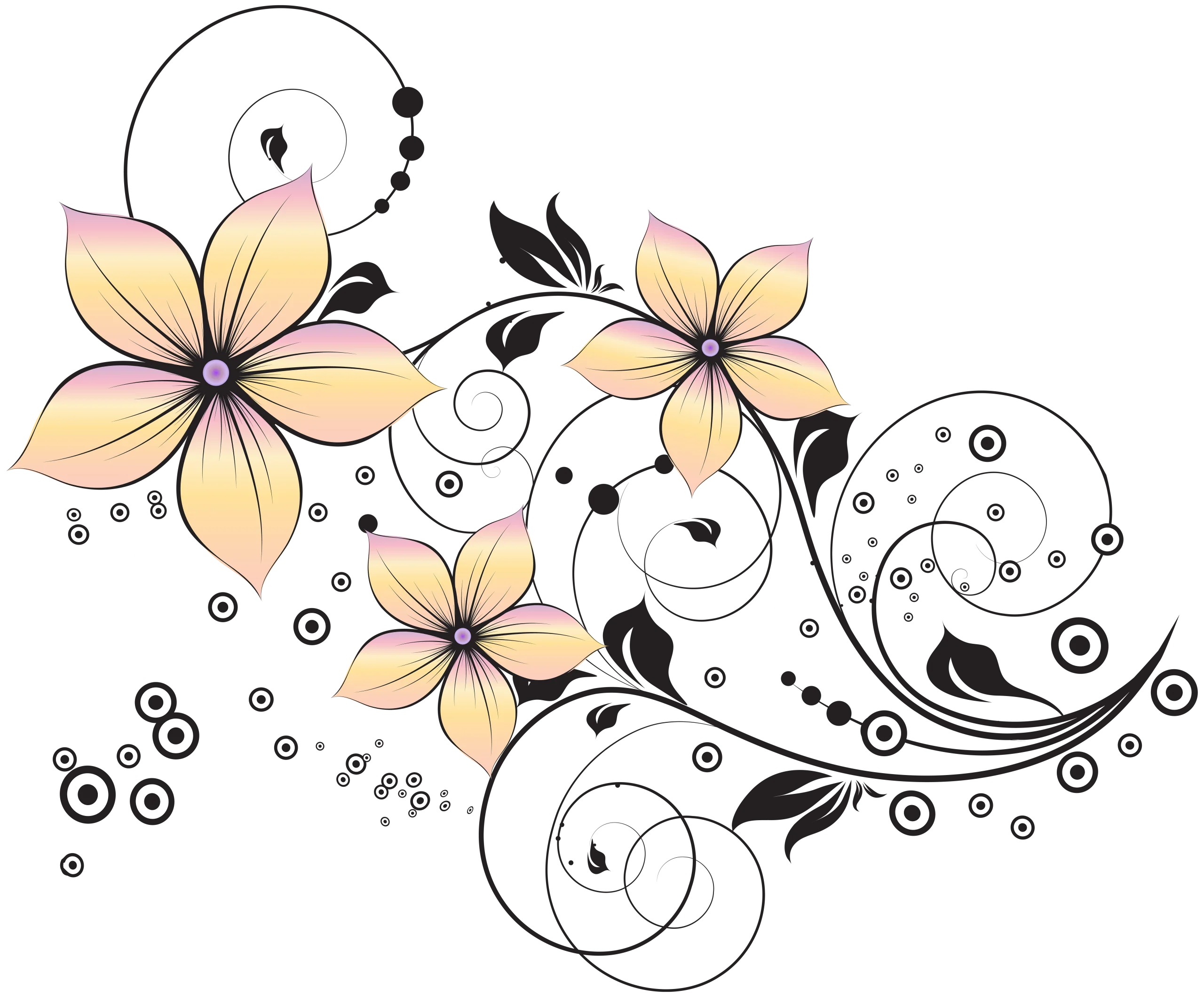 Elegant Pastel Floral Clipart with Swirling Decorative Black Flourishes