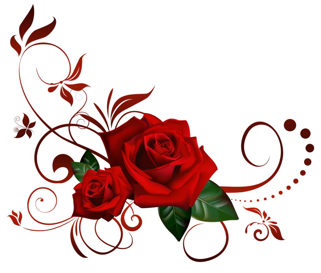 Elegant Red Roses Clipart with Swirling Ornamental Floral Design Elements