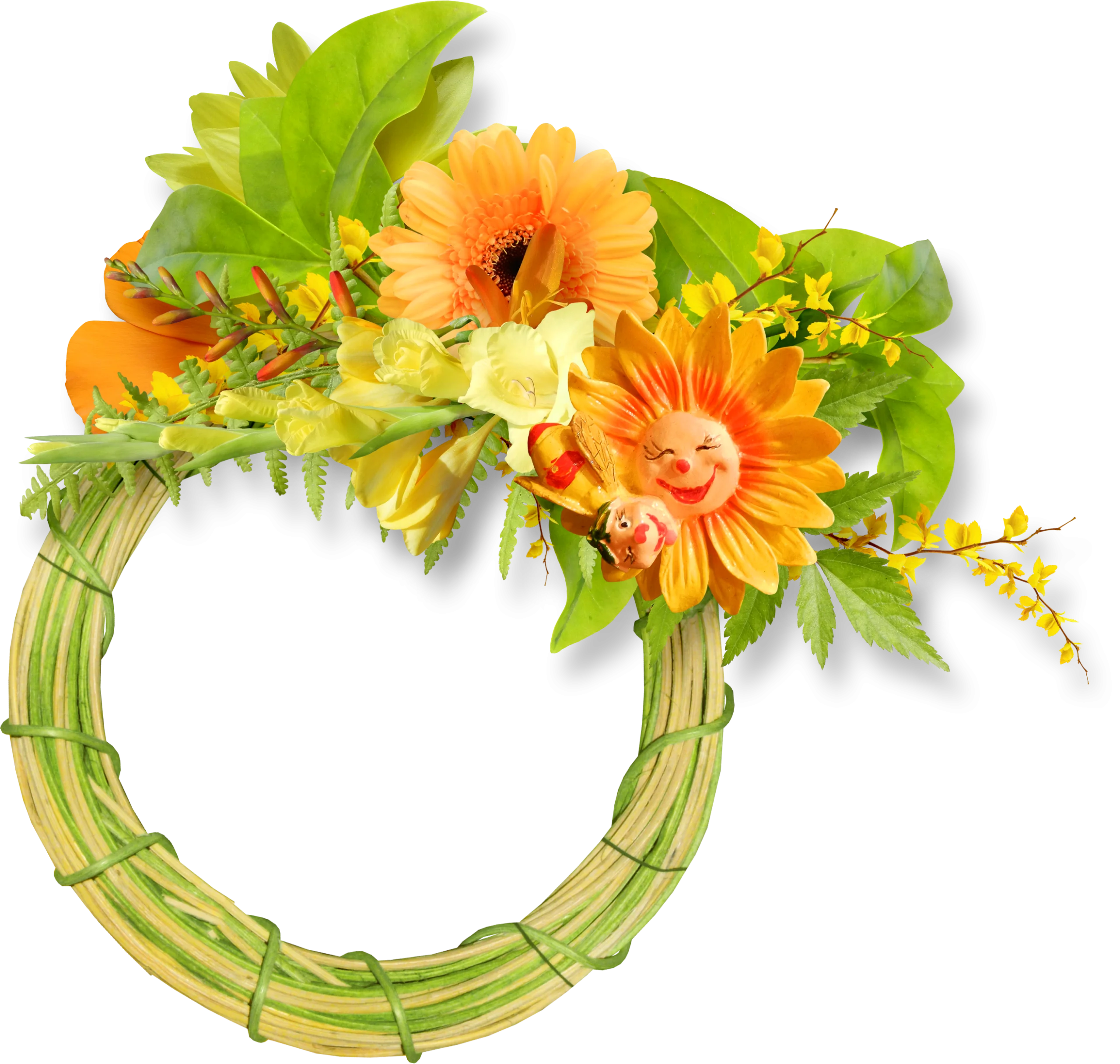 Enchanting Summer Sunflower Wreath Clipart with Lush Green Foliage