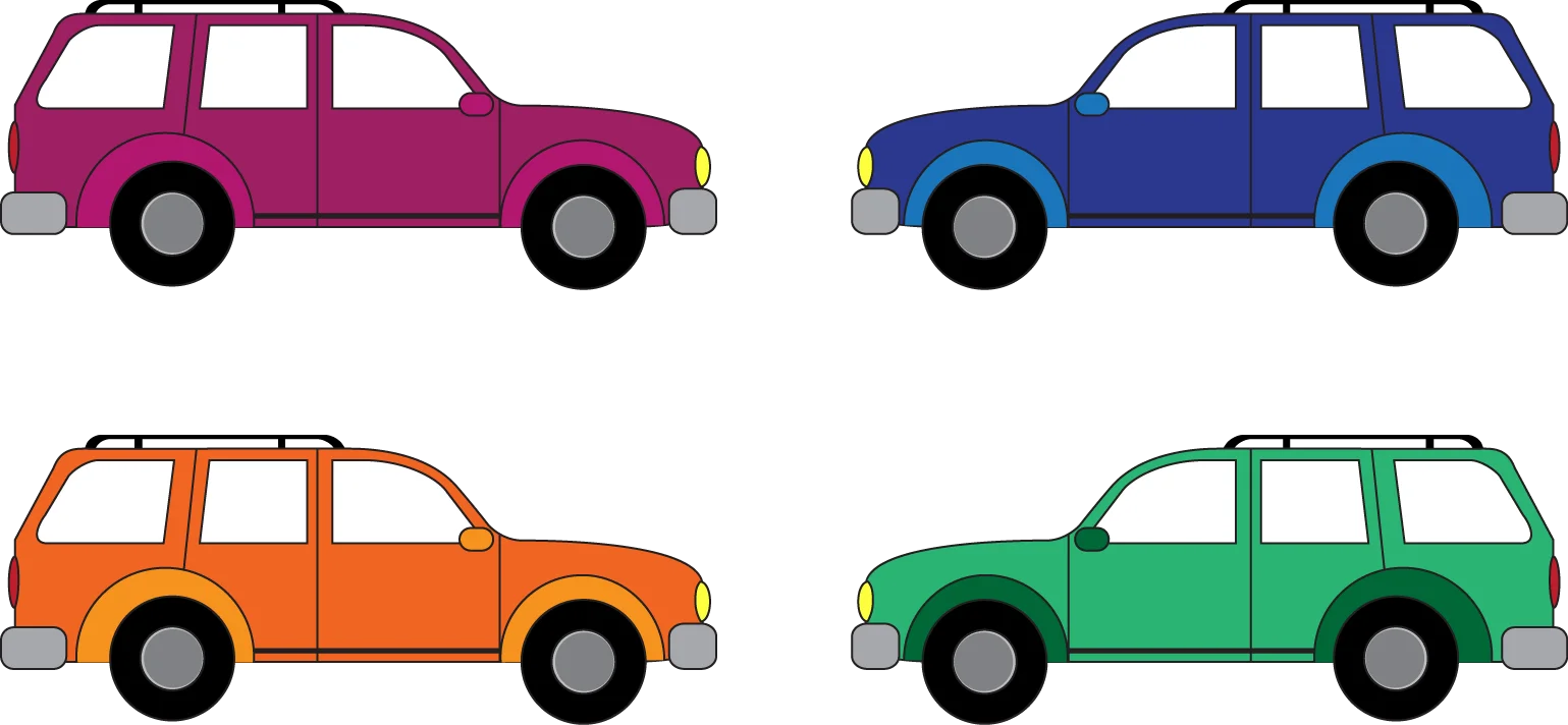 Four Stylized Station Wagon Vehicles in Distinct Color Palette - Automotive Clipart Collection