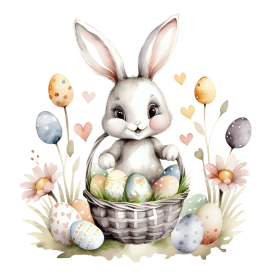 Whimsical Easter Bunny Nestled Among Pastel Eggs and Soft Watercolor Clipart Illustration