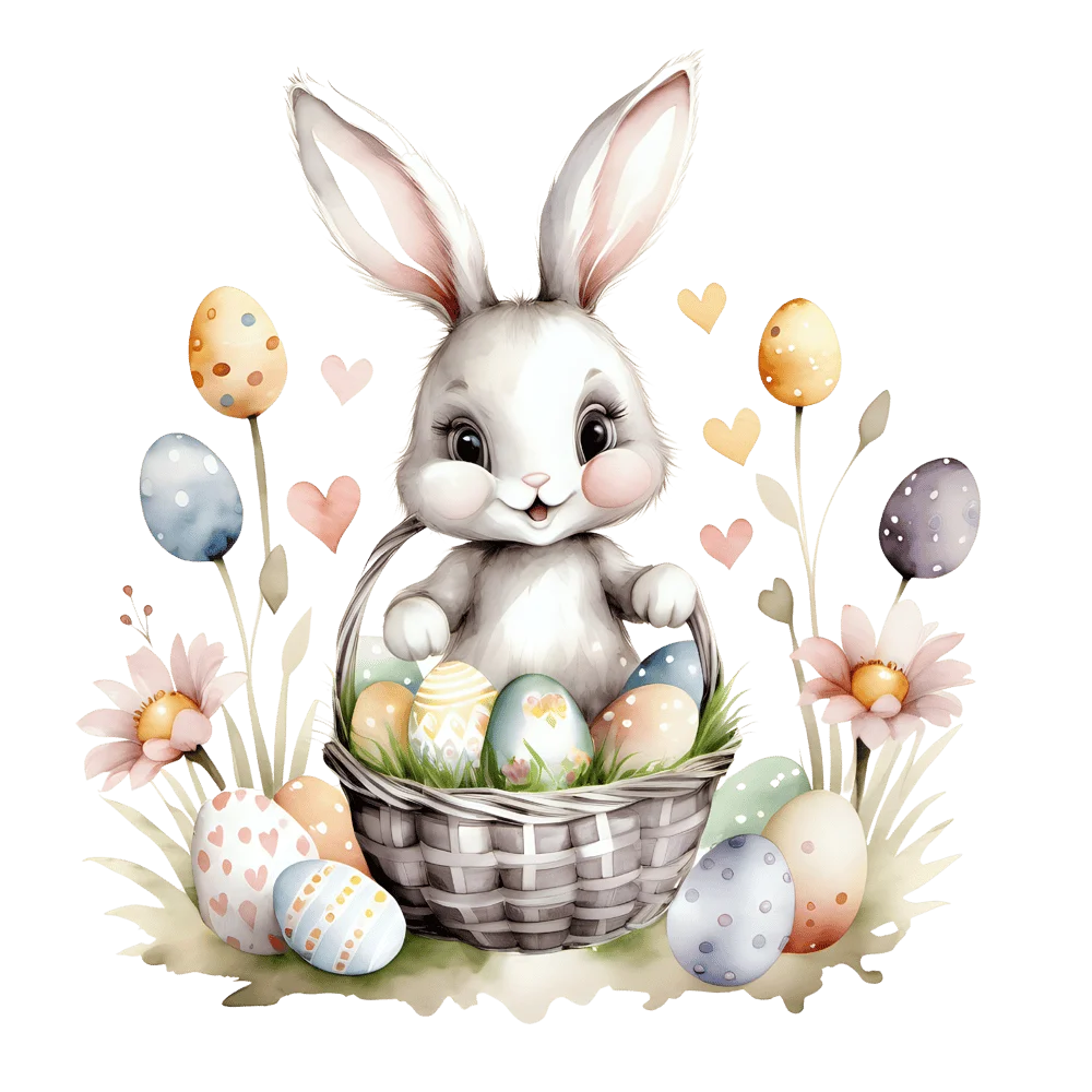 Whimsical Easter Bunny Nestled Among Pastel Eggs and Soft Watercolor Clipart Illustration