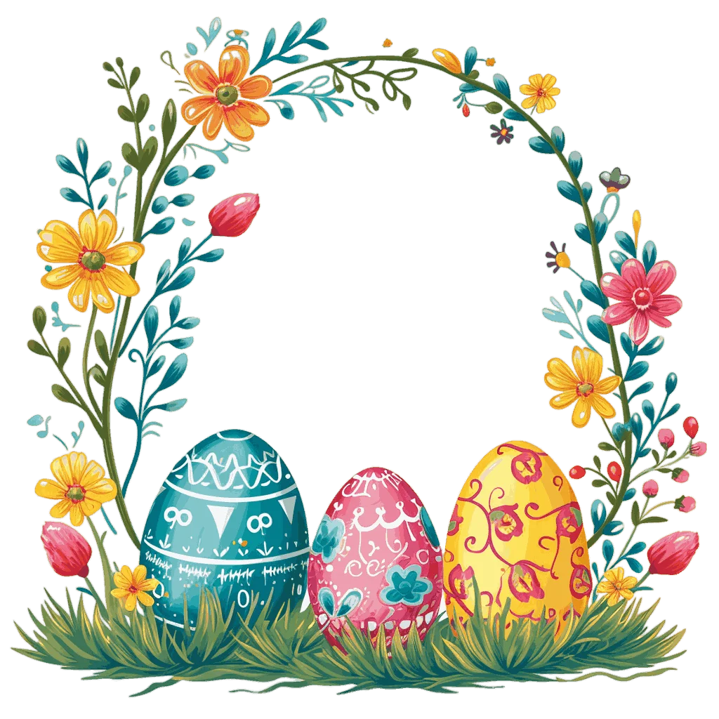 Whimsical Easter Egg Celebration Watercolor Clipart with Floral Wreath Design