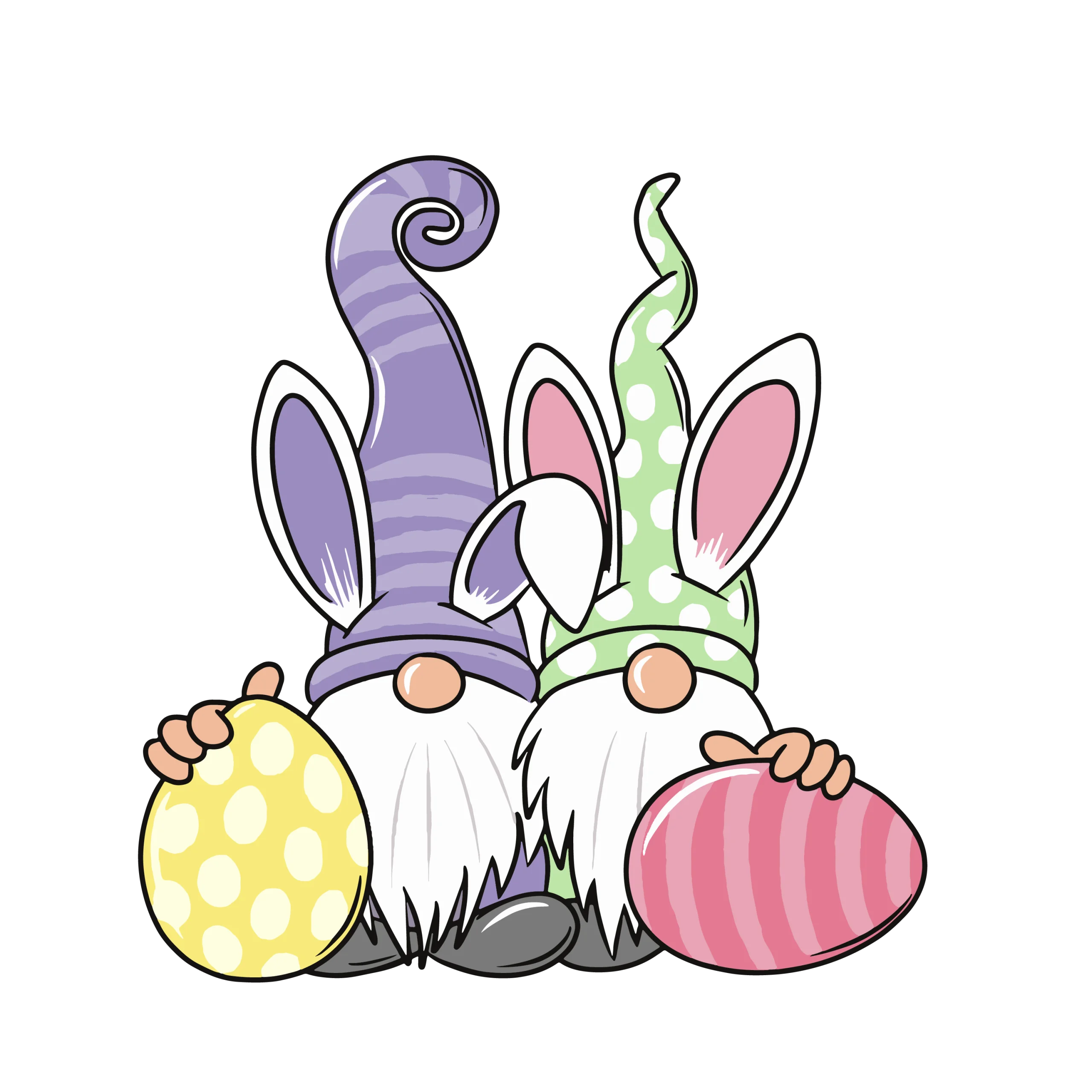 Whimsical Easter Gnomes with Pastel Colored Eggs Festive Seasonal Clipart Design