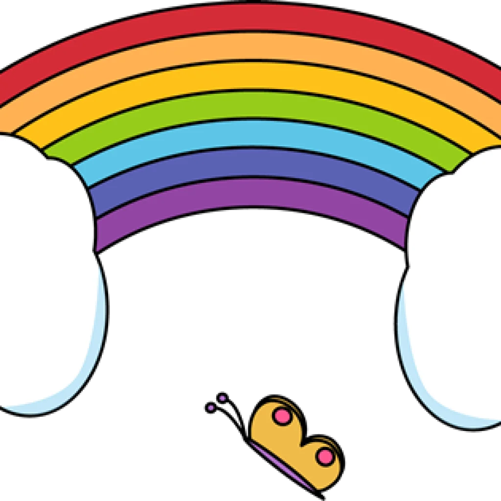 Whimsical Rainbow Arch with Fluffy Clouds and Cheerful Butterfly Clipart Design