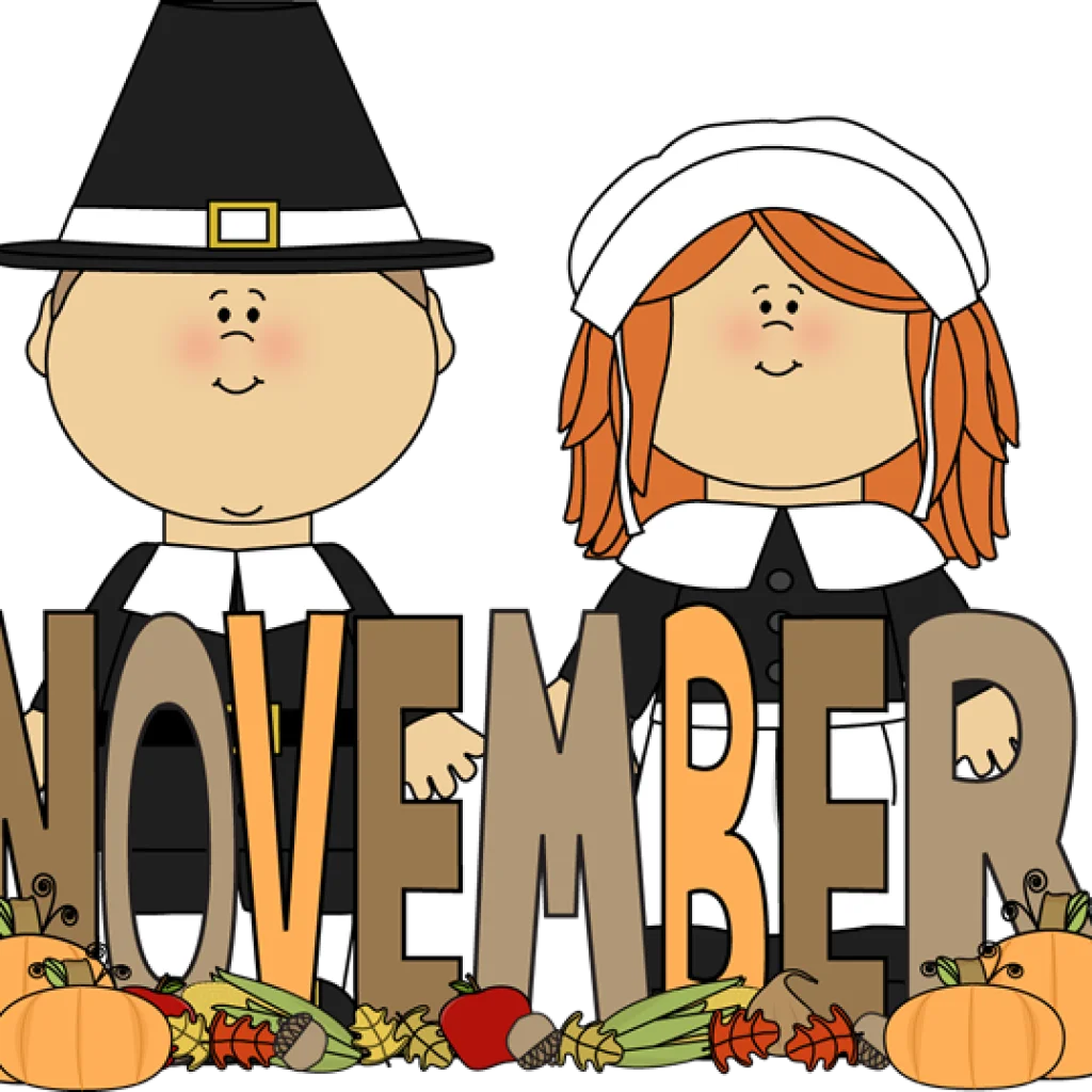 Adorable Cartoon Pilgrim Children Celebrating November Seasonal Clipart Illustration