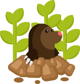 Cute Cartoon Mole Emerging from Earthen Burrow Surrounded by Green Leaves Clipart