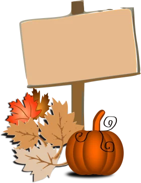 Autumn Harvest Scene with Blank Wooden Sign, Pumpkin, and Maple Leaves Clipart