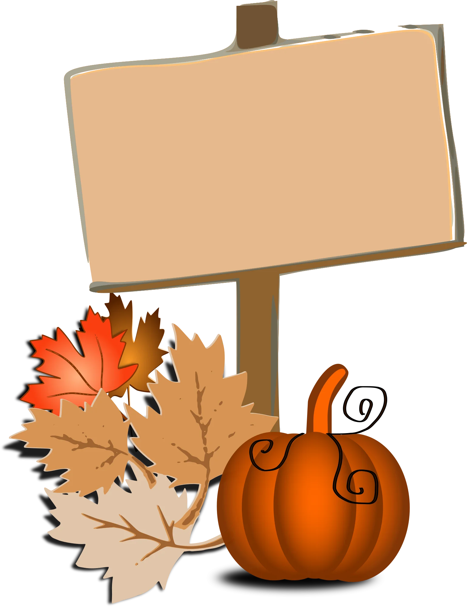 Autumn Harvest Scene with Blank Wooden Sign, Pumpkin, and Maple Leaves Clipart