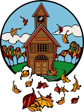 Charming Autumn Schoolhouse Clipart: Falling Leaves and Nostalgic Landscape Scene