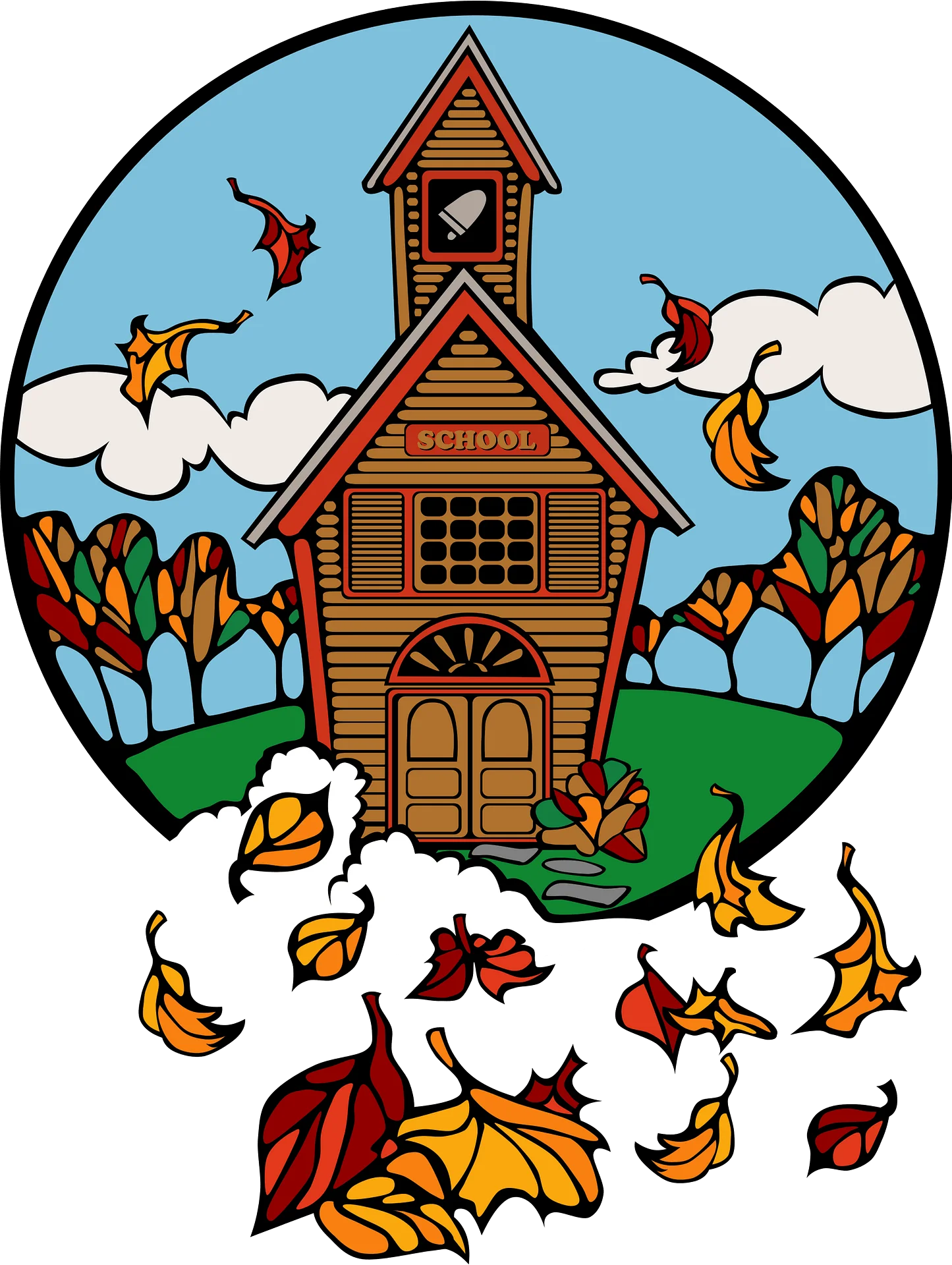 Charming Autumn Schoolhouse Clipart: Falling Leaves and Nostalgic Landscape Scene