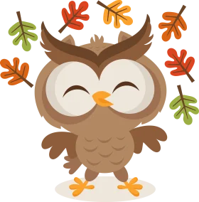 Cheerful Autumn Owl Clipart: Whimsical Woodland Creature Amidst Falling Leaves