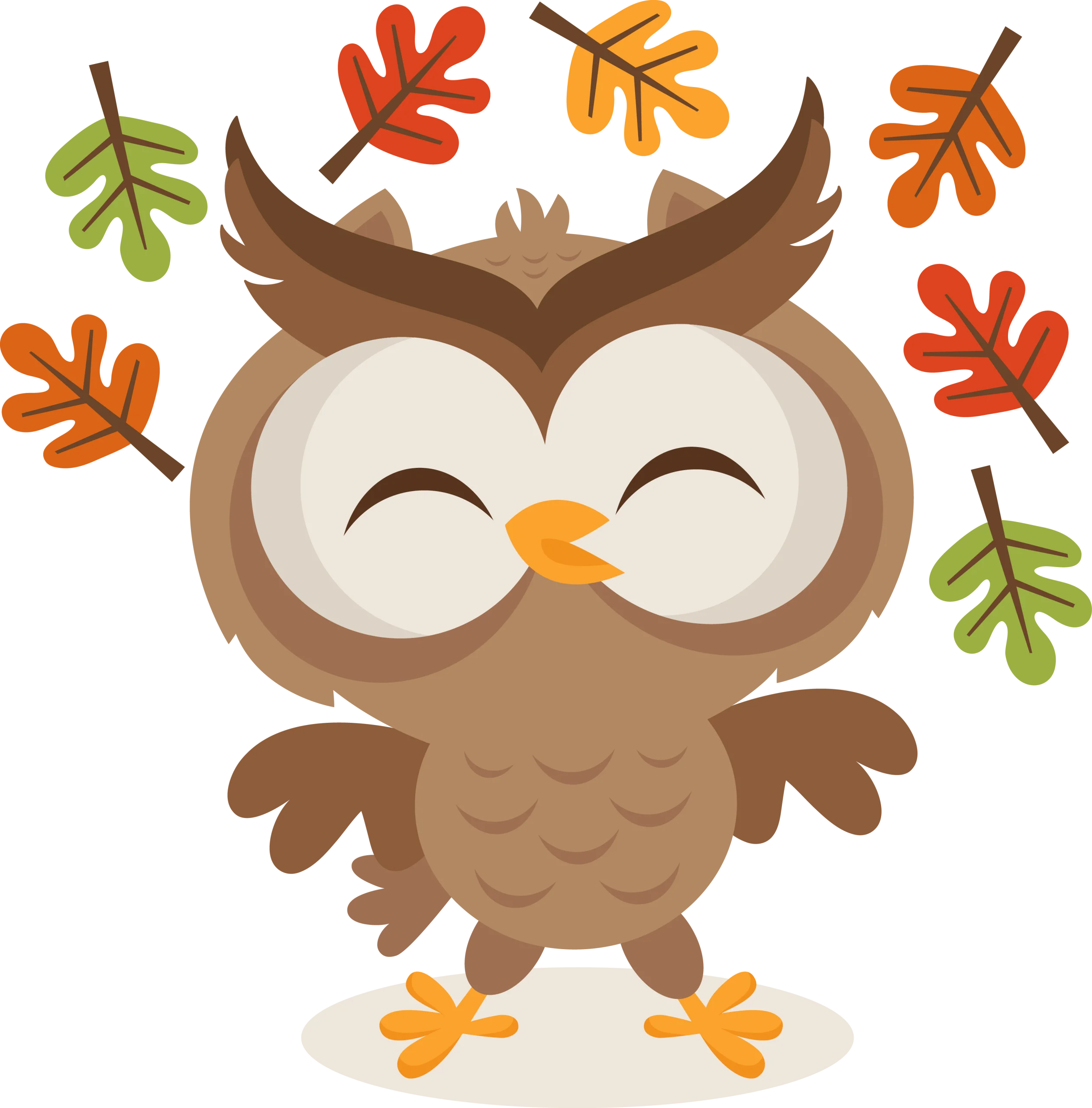 Cheerful Autumn Owl Clipart: Whimsical Woodland Creature Amidst Falling Leaves
