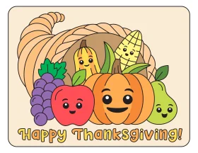 Cute Cartoon Thanksgiving Cornucopia Clipart Filled with Cheerful Produce Friends