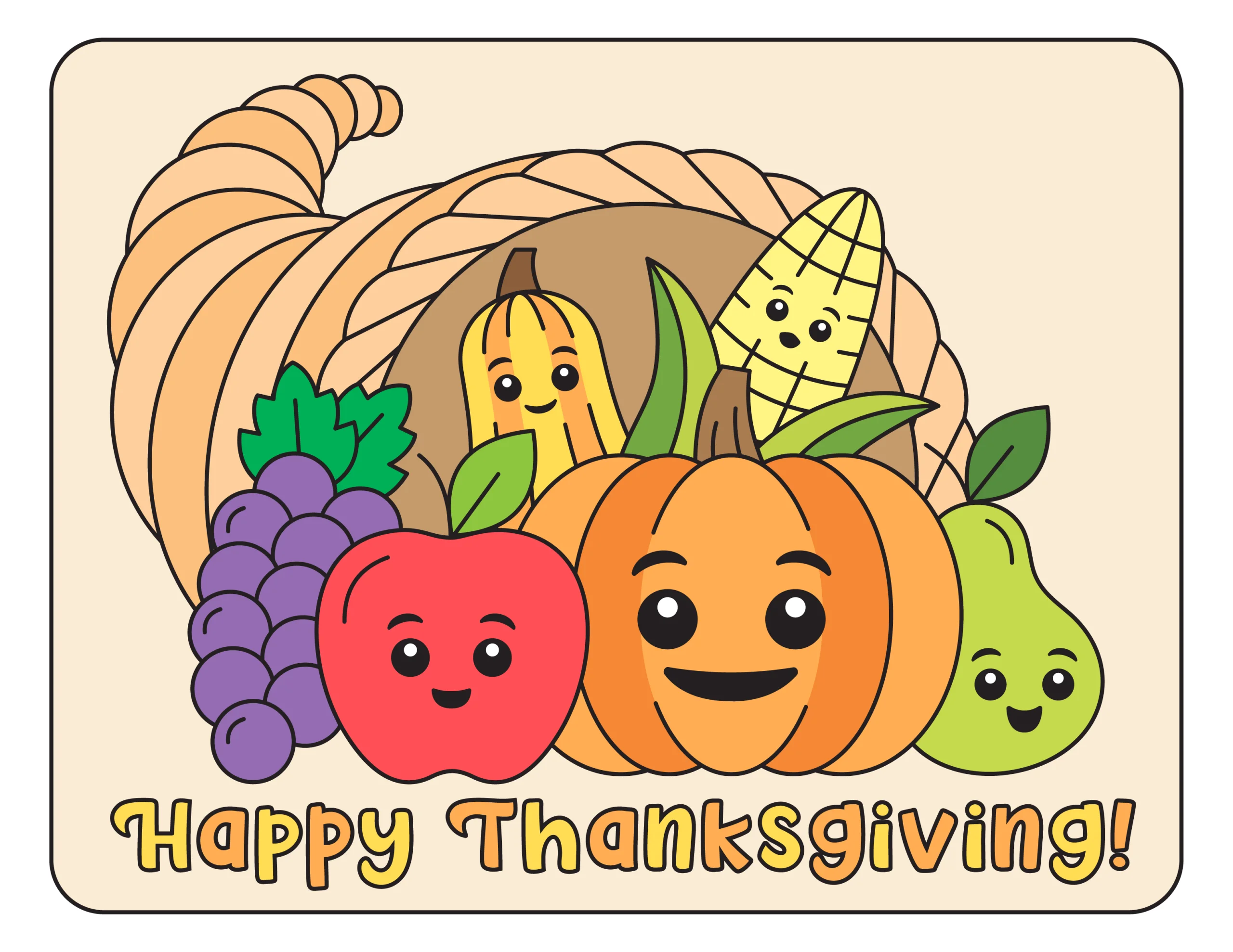 Cute Cartoon Thanksgiving Cornucopia Clipart Filled with Cheerful Produce Friends