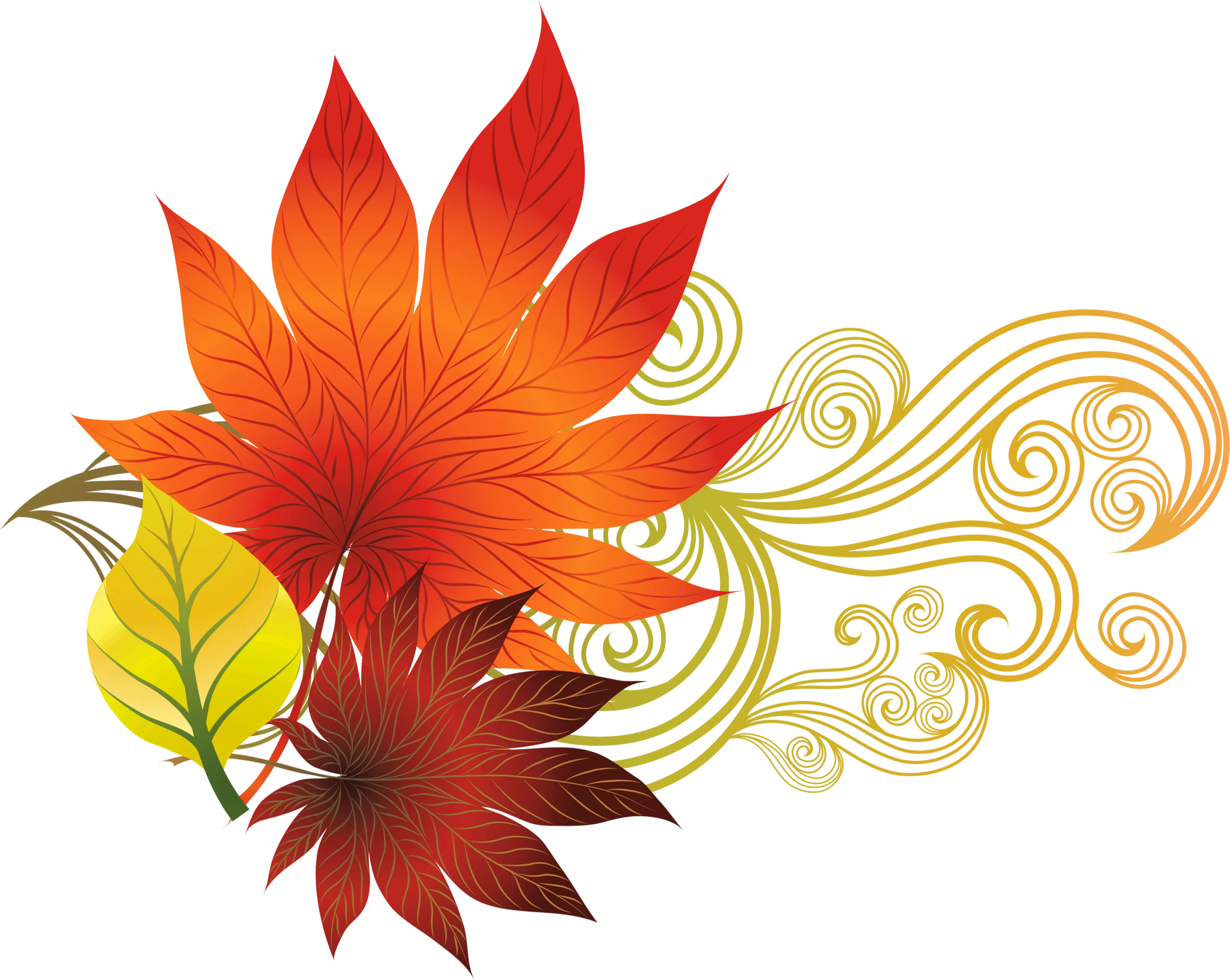 Elegant Autumn Leaves Flourish Clipart with Swirling Golden Ornamental Design