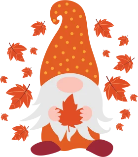 Whimsical Autumn Gnome Embracing Maple Leaves Seasonal Clipart Design