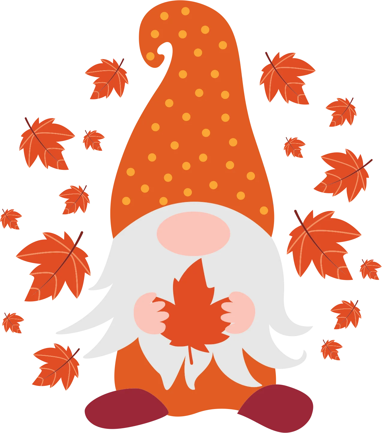 Whimsical Autumn Gnome Embracing Maple Leaves Seasonal Clipart Design