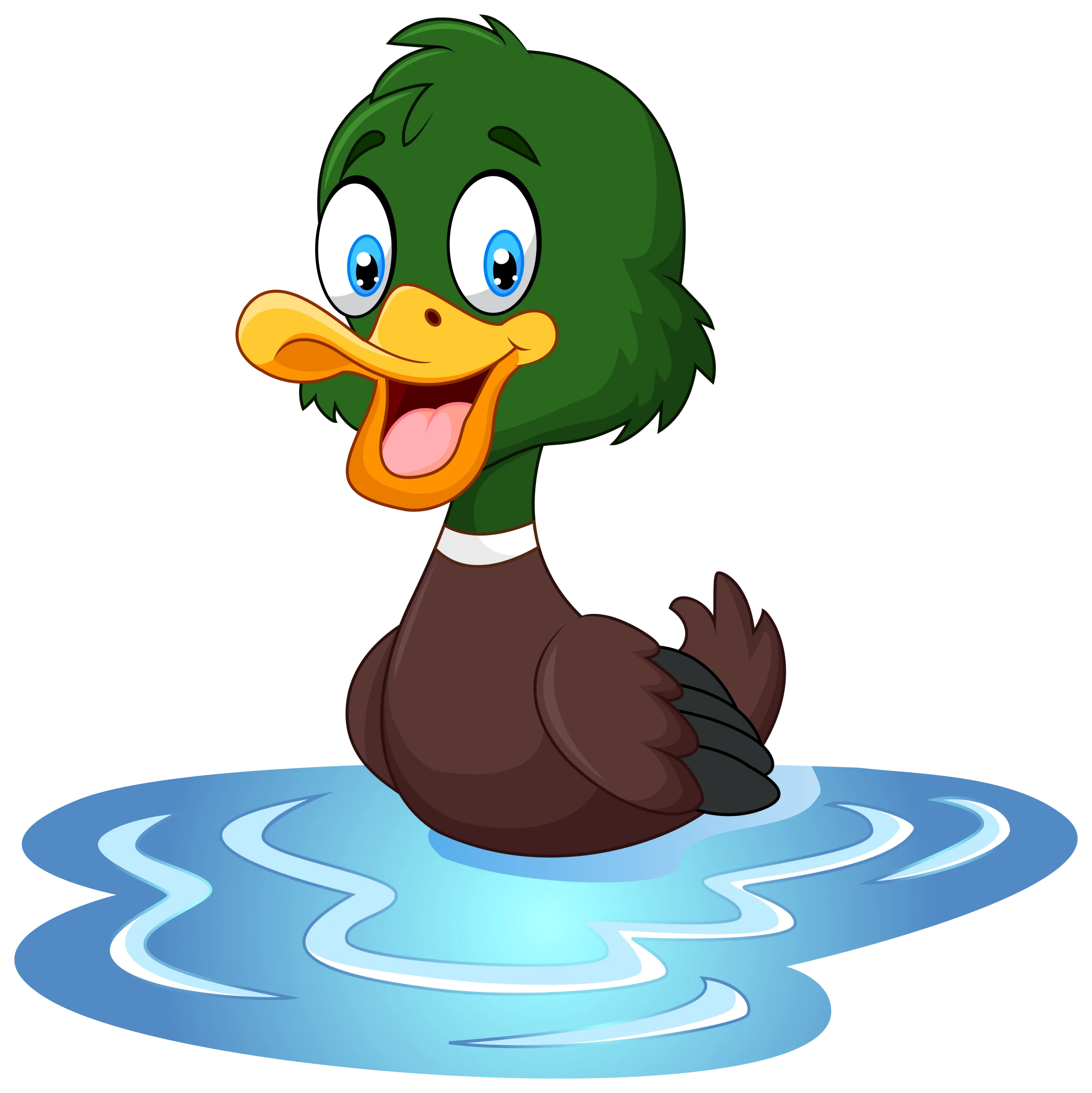 Cheerful Green-Headed Cartoon Duck Clipart Swimming in Blue Water