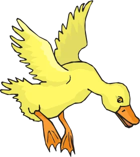 Cheerful Yellow Duck in Flight: Whimsical Cartoon Clipart Design with Dynamic Wing Pose