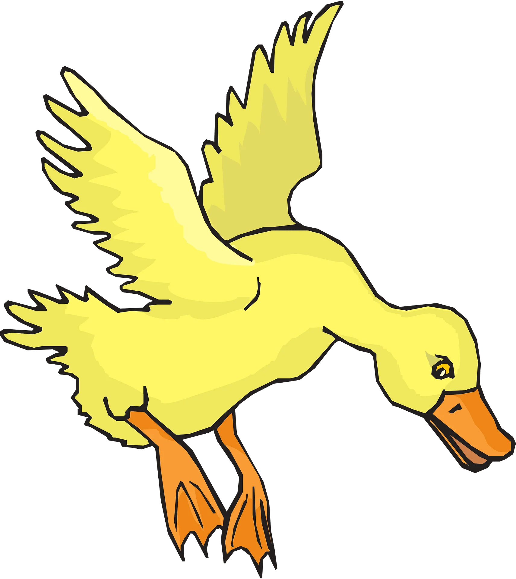 Cheerful Yellow Duck in Flight: Whimsical Cartoon Clipart Design with Dynamic Wing Pose