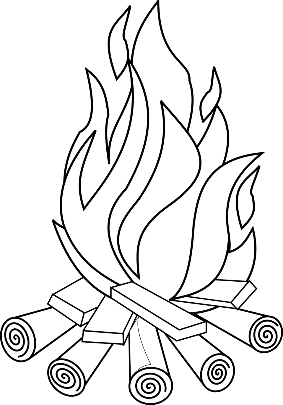 Monochrome Campfire Clipart: Stylized Flames Dancing Above Wooden Logs