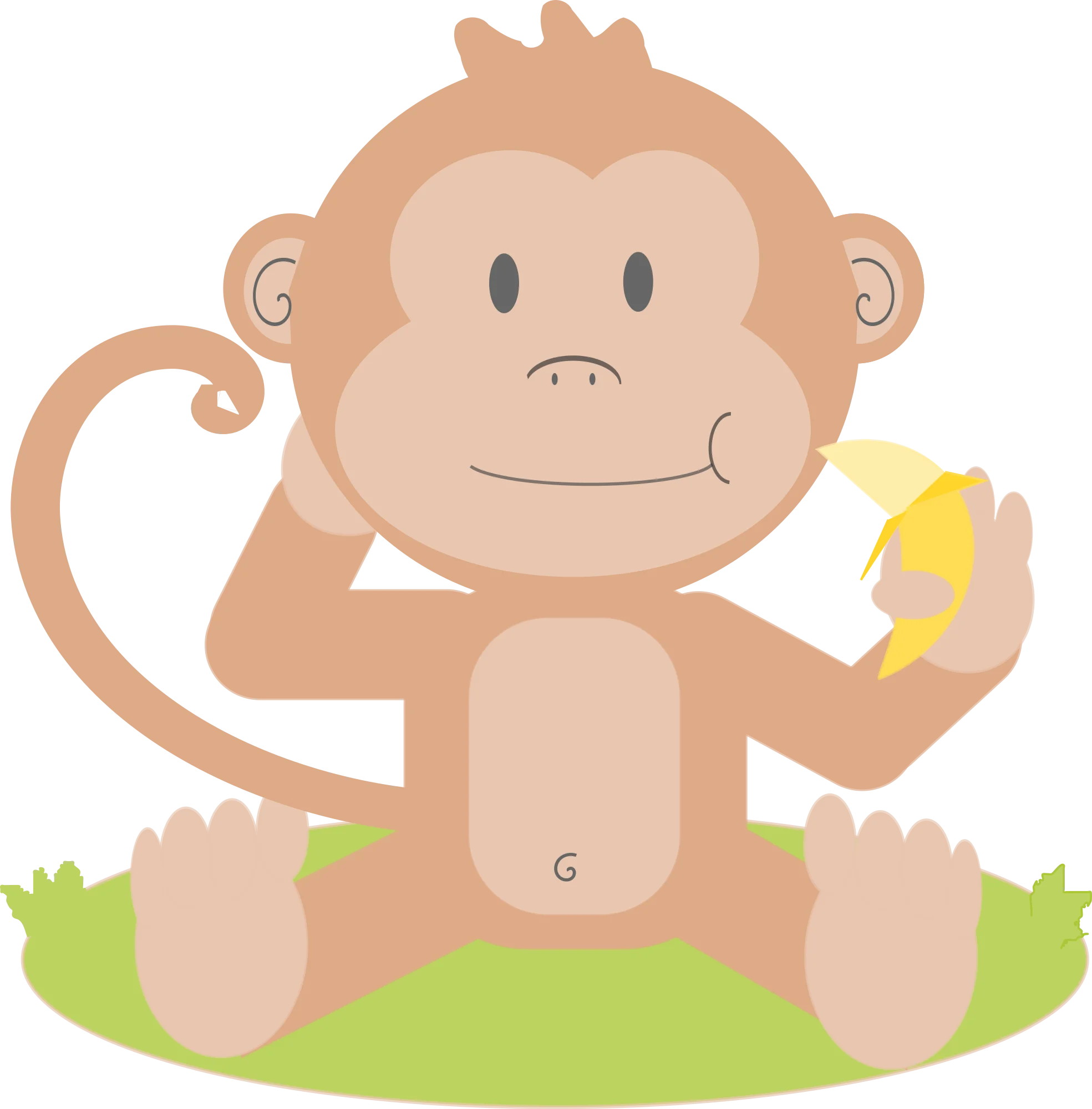 Adorable Cartoon Monkey Clipart Sitting Playfully with Banana on Grassy Ground