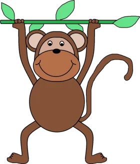 Cheerful Brown Monkey Swinging on Green Branch Cartoon Clipart Illustration
