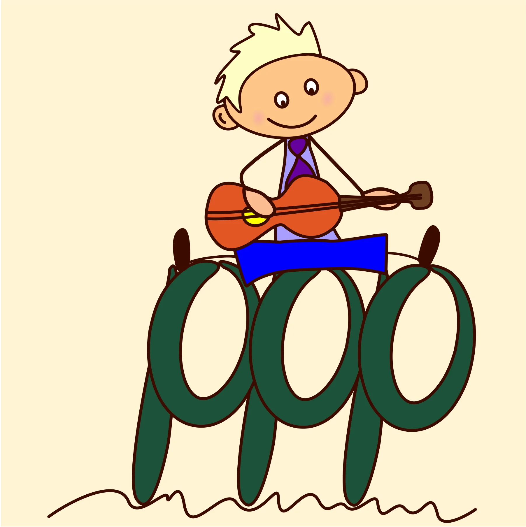 Cheerful Cartoon Character Playing Guitar on Musical Note Clipart Design