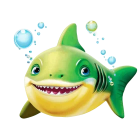 Cheerful Green and Yellow Cartoon Shark Clipart with Bubbly Ocean Backdrop