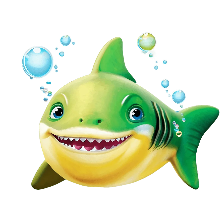 Cheerful Green and Yellow Cartoon Shark Clipart with Bubbly Ocean Backdrop