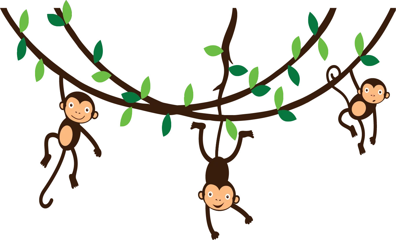 Playful Monkeys Swinging on Vine Branches - Adorable Jungle Clipart Illustration