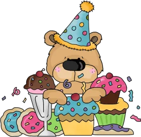 Adorable Bear Celebrating Birthday with Sweet Cupcakes and Party Hat Clipart Illustration