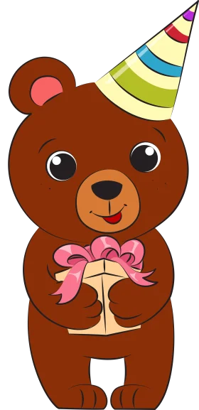 Adorable Birthday Bear Holding Gift with Festive Party Hat Clipart Illustration