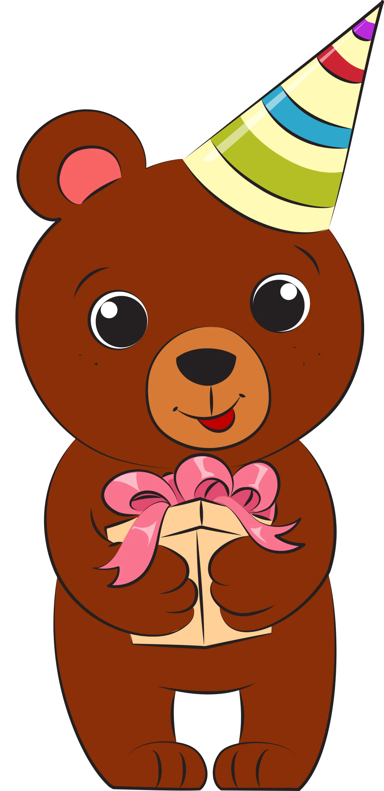 Adorable Birthday Bear Holding Gift with Festive Party Hat Clipart Illustration