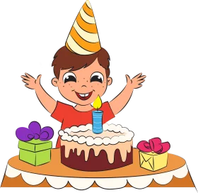 Cheerful Birthday Boy Celebrating with Cake, Gifts, and Party Hat Clipart