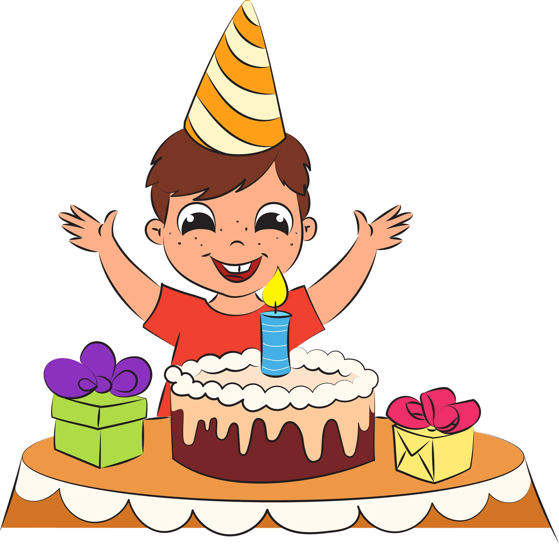 Cheerful Birthday Boy Celebrating with Cake, Gifts, and Party Hat Clipart