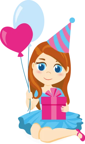 Cheerful Birthday Celebration Clipart: Festive Girl with Gift and Heart Balloon