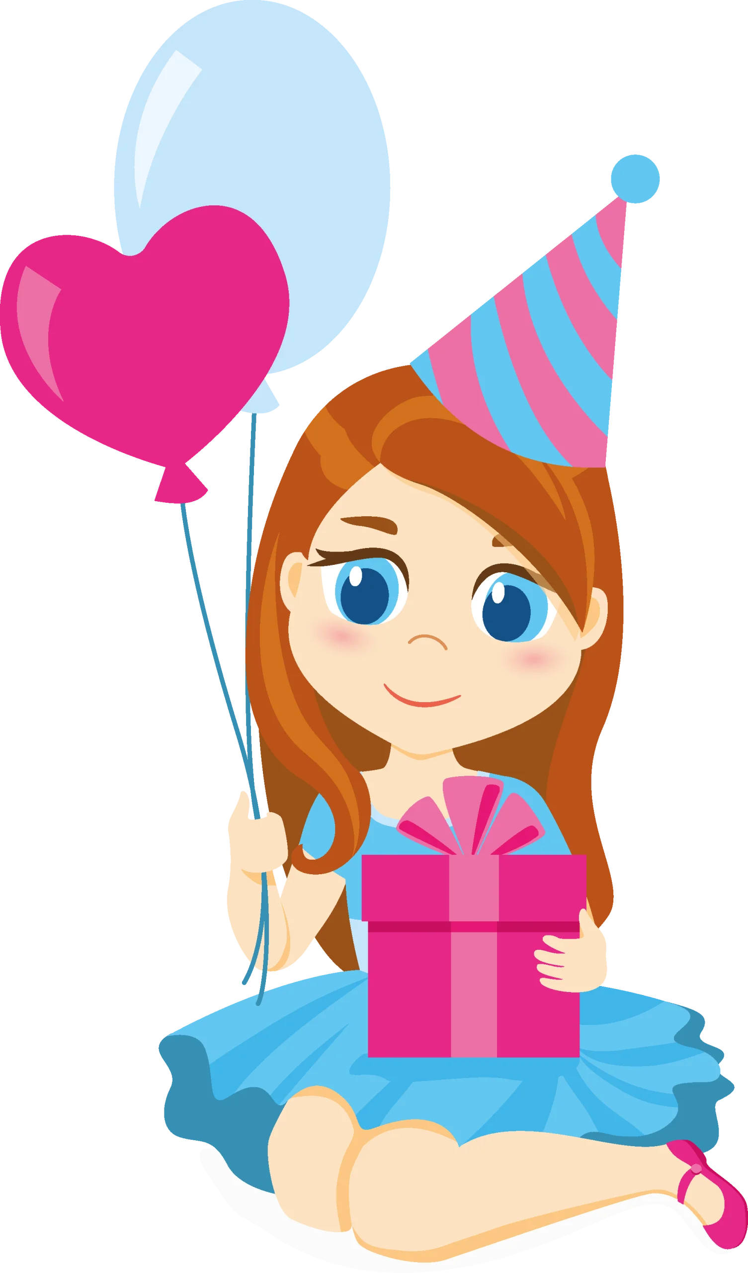 Cheerful Birthday Celebration Clipart: Festive Girl with Gift and Heart Balloon