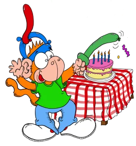 Cheerful Birthday Celebration Clipart with Playful Cartoon Character and Cake