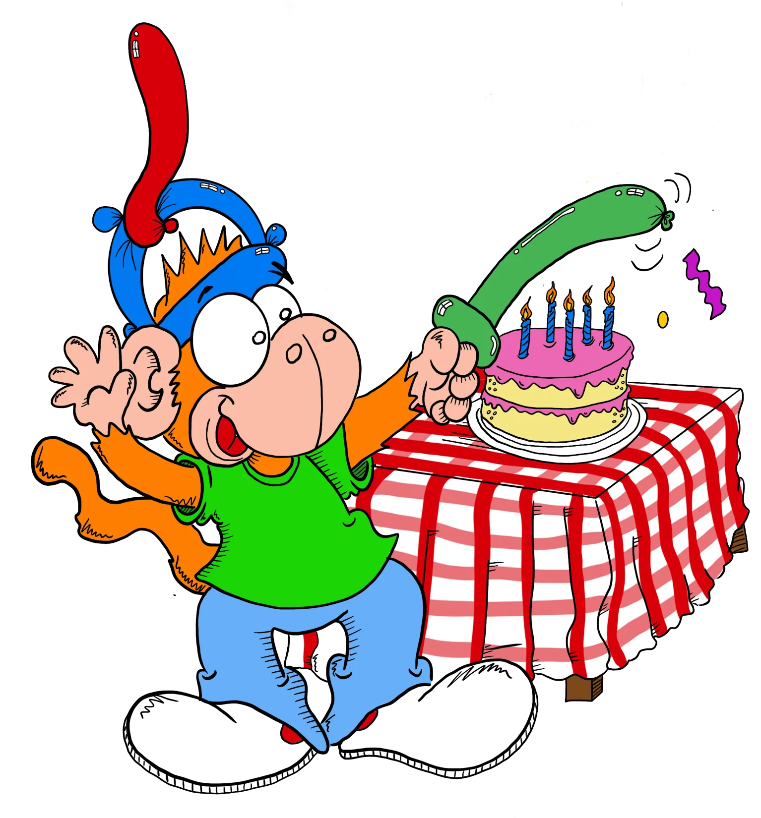 Cheerful Birthday Celebration Clipart with Playful Cartoon Character and Cake