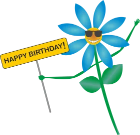Cheerful Blue Flower Character Celebrating Birthday Clipart with Sunglasses