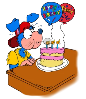 Cheerful Cartoon Character Celebrating Birthday with Cake and Festive Balloons Clipart