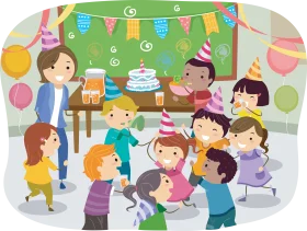Cheerful Classroom Birthday Celebration Clipart - Kids Party Fun