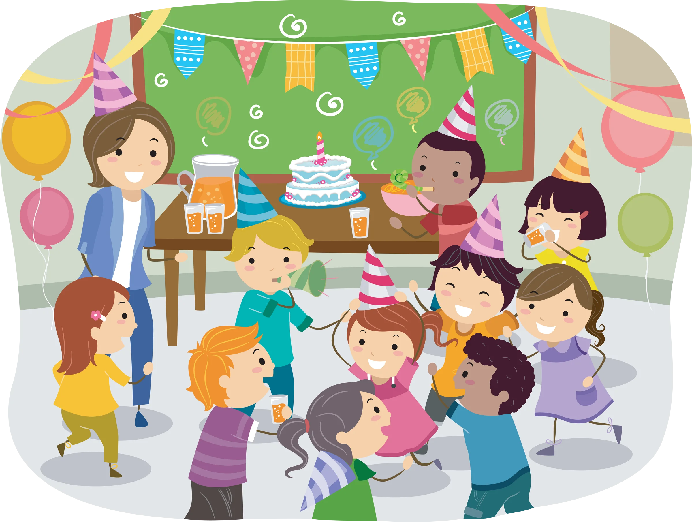 Cheerful Classroom Birthday Celebration Clipart - Kids Party Fun