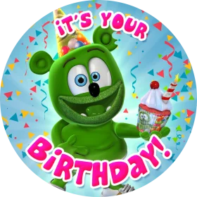Cheerful Green Gummy Bear Character Celebrating Birthday Bash Clipart Design