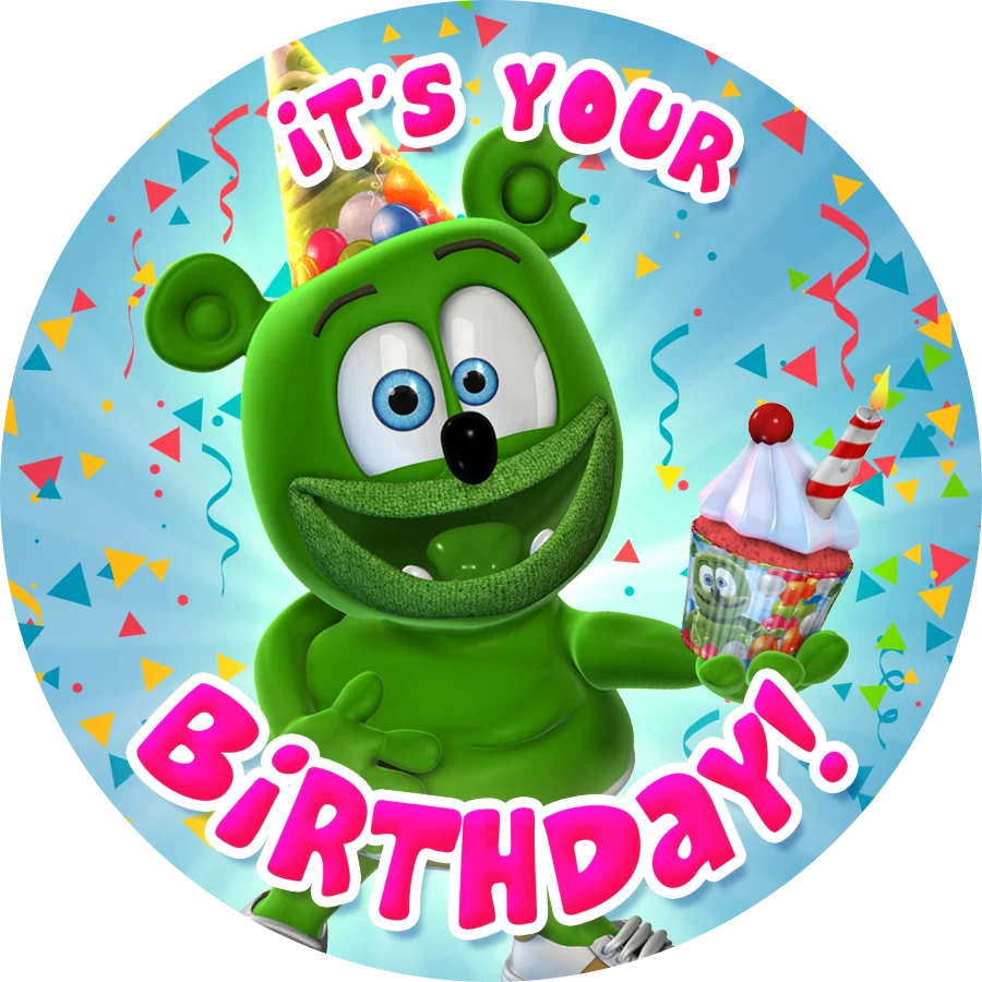 Cheerful Green Gummy Bear Character Celebrating Birthday Bash Clipart Design