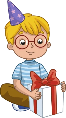 Cheerful Young Birthday Celebrant with Gift and Party Hat Clipart Design