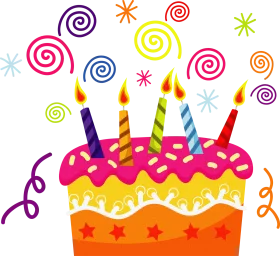 Festive Birthday Cake Clipart with Colorful Swirls and Burning Candles